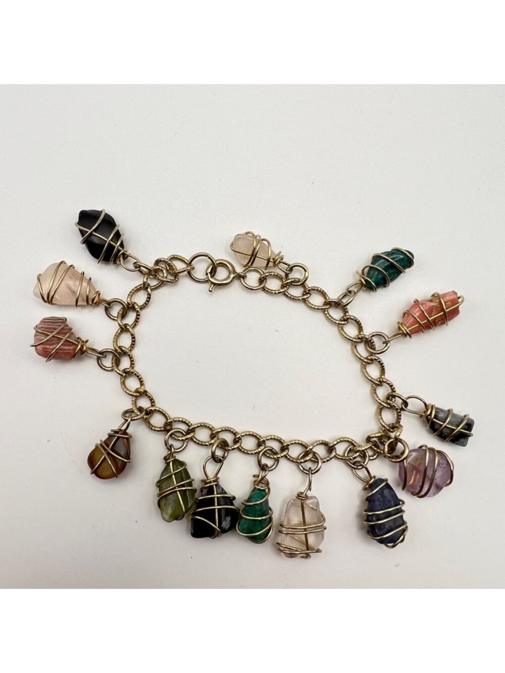 Wire-Wrapped Gemstone Charm Bracelet Vintage 6.75" Gold-Tone Quartz Amethyst
